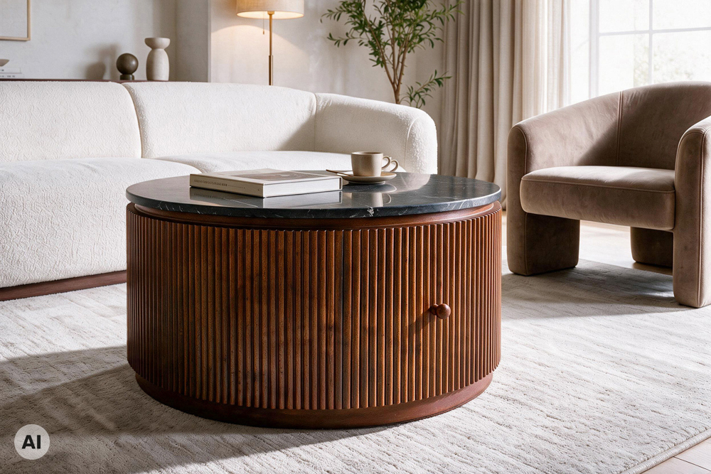 Runder Couchtisch COFFEE TABLE GATSBY 70cm braun schwarz Mangoholz Marmor Schublade