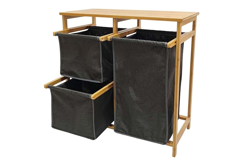 Massivholz Wäschekorb LAGOON SPA 70cm natur grau Bambus drei Wäschebeutel waschbar