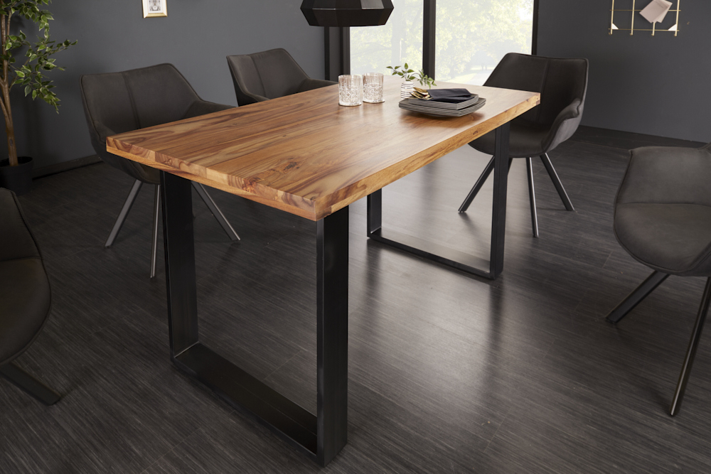 Massivholz Esstisch IRON CRAFT 120cm braun Sheesham schwarze Metallbeine stone finish