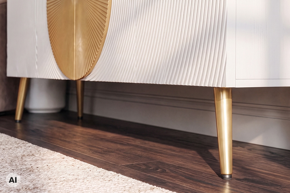 Massives Sideboard AURUM 180cm weiß Mangoholz mit ikonischem Gold-Element