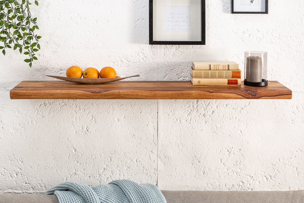 Massives Wandregal MAMMUT 80cm braun Sheesham stone finish Regalbrett mit Baumkante