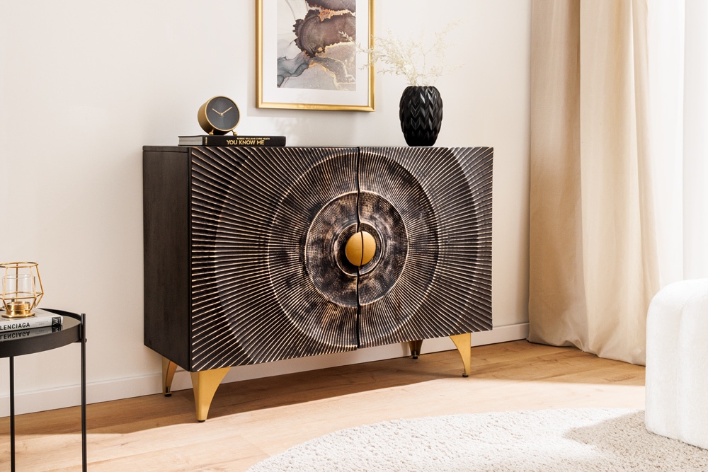 Massives Sideboard GOLDEN SUNSET 100cm schwarz Mangoholz 3D Schnitzerei gold Metall