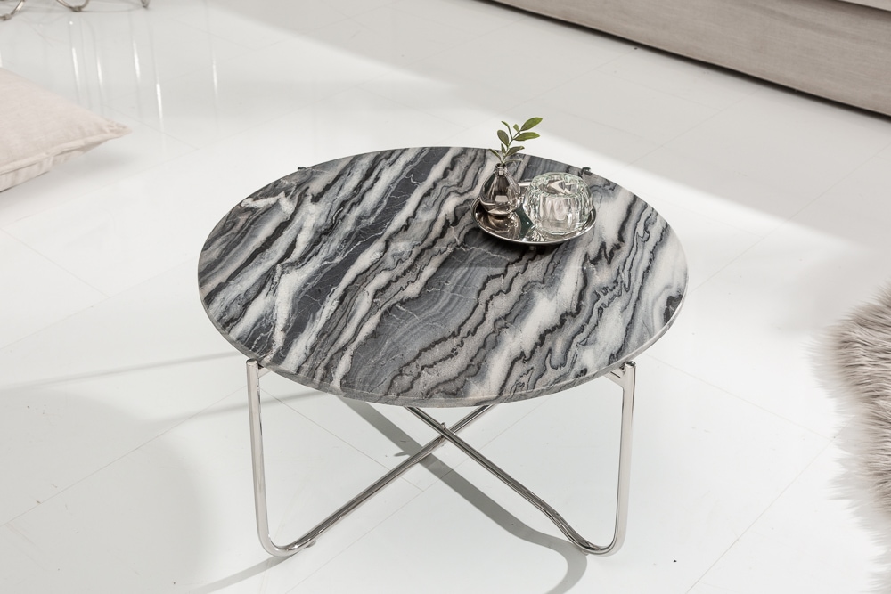 Runder Couchtisch NOBLE 65cm grau Marmor abnehmbare Tischplatte klappbar silber Metall