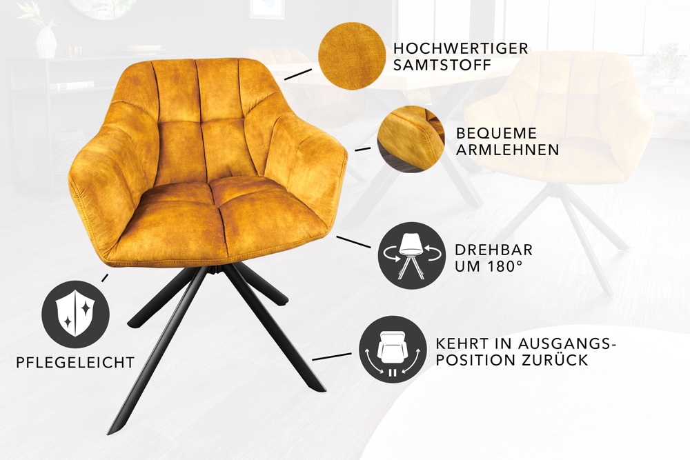 Drehbarer Stuhl PAPILLON senfgelb Samt schwarze Metallbeine Armlehnen