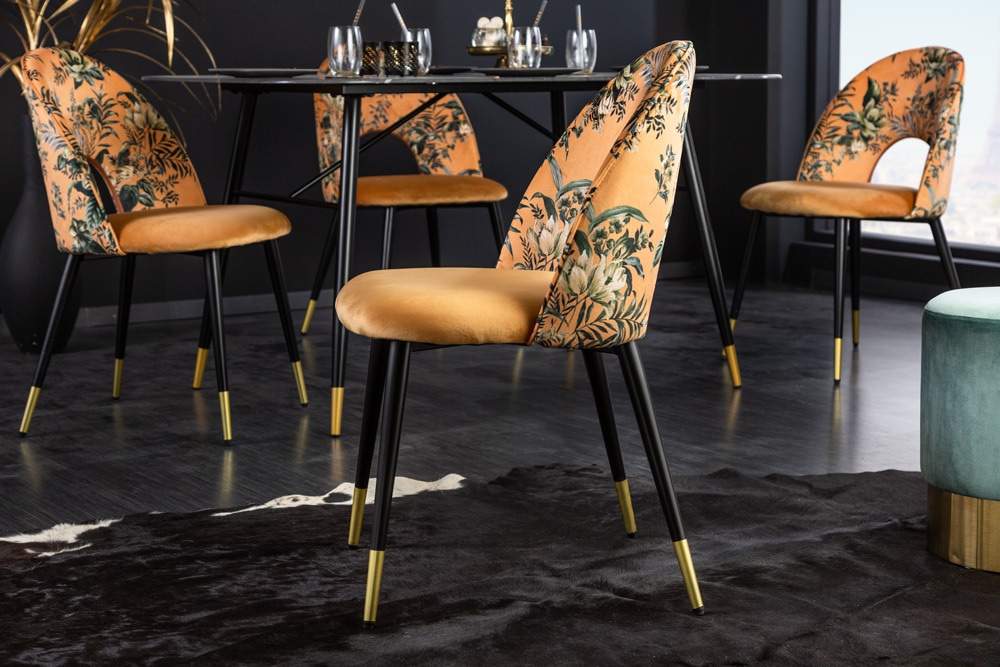 Design Stuhl PRÊT-À-PORTER gelb Samt florales Muster und goldene Fußkappen