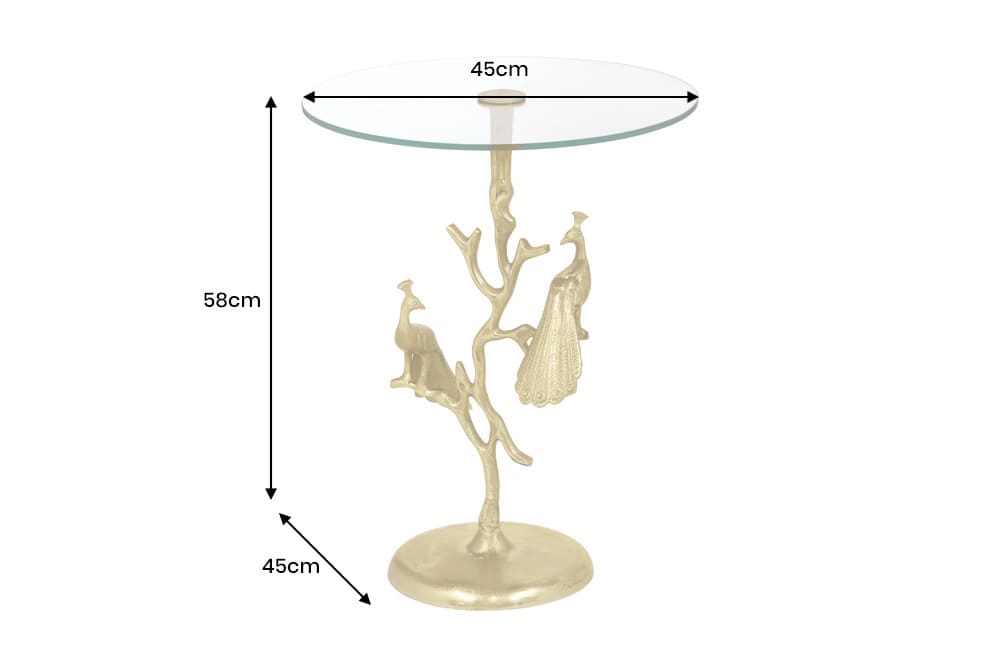 Runder Beistelltisch WILDLIFE PEACOCK 60cm gold Glasplatte Metall Pfauen-Skulptur