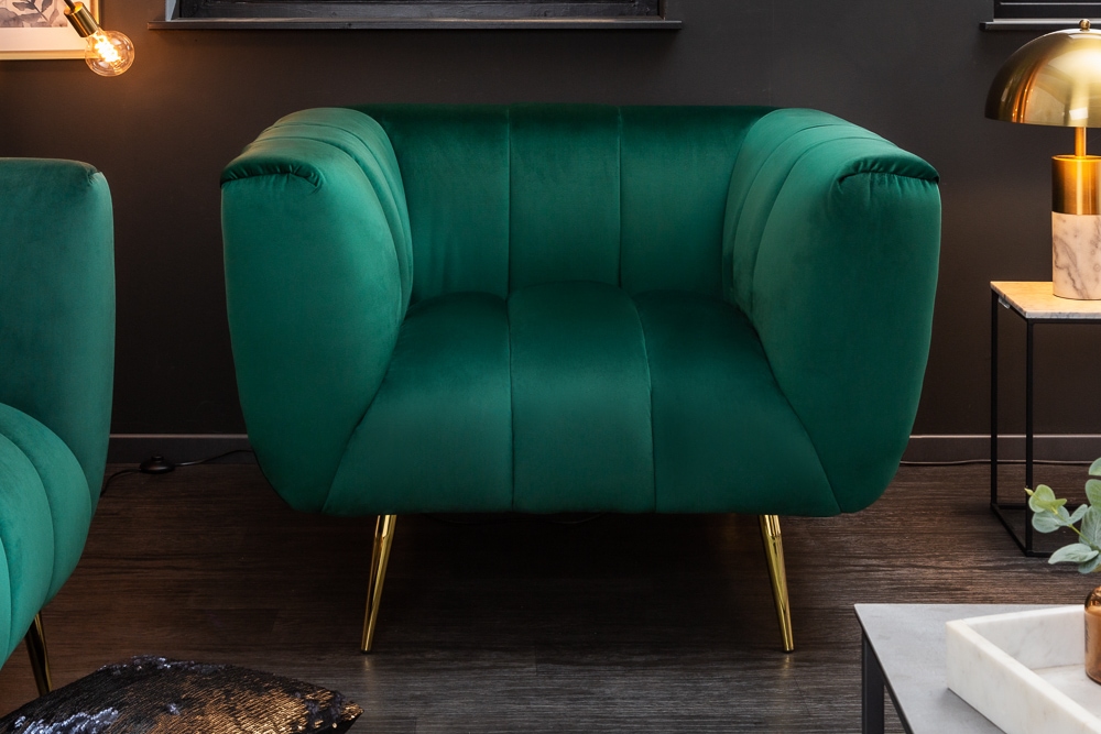 Retro Sessel NOBLESSE 105cm smaragdgrün Samt mit Ziersteppung