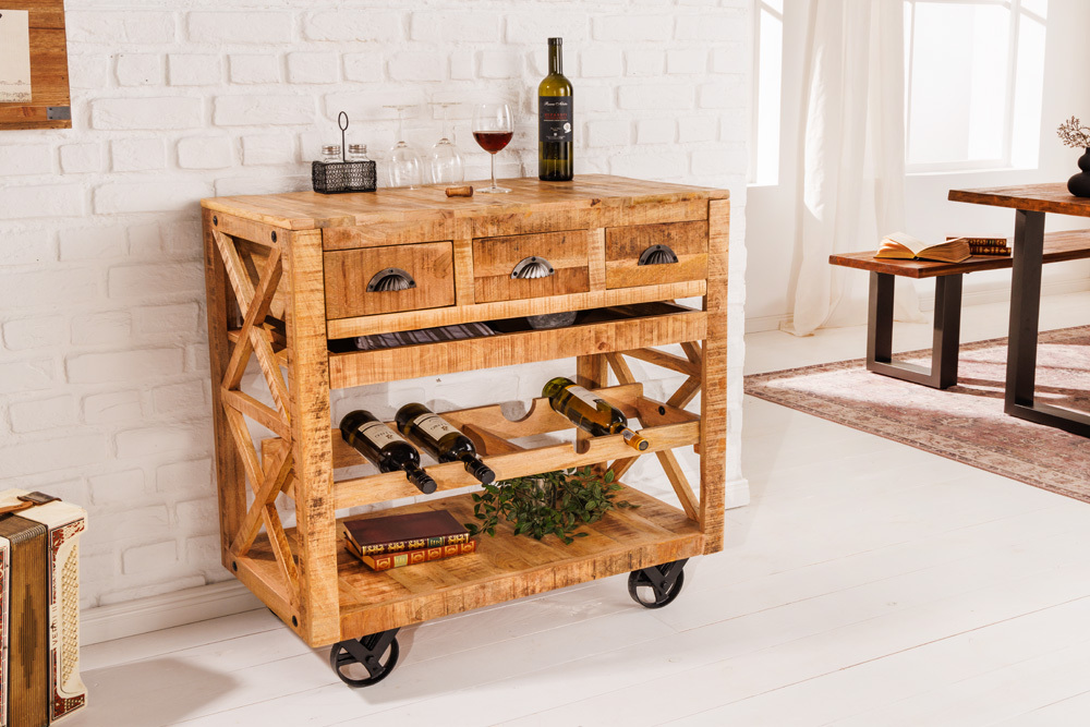 Industrial Barschrank BODEGA 86cm Mangoholz Servierwagen mit Weinregal Industrial Barschrank BODEGA 86cm Mangoholz Servierwagen mit Weinregal