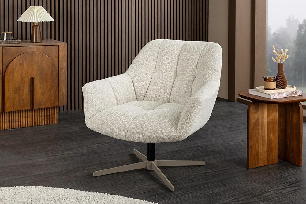 Drehbarer Design Sessel PAPILLON beige Bouclé Tweed soft 360° Metall höhenverstellbar