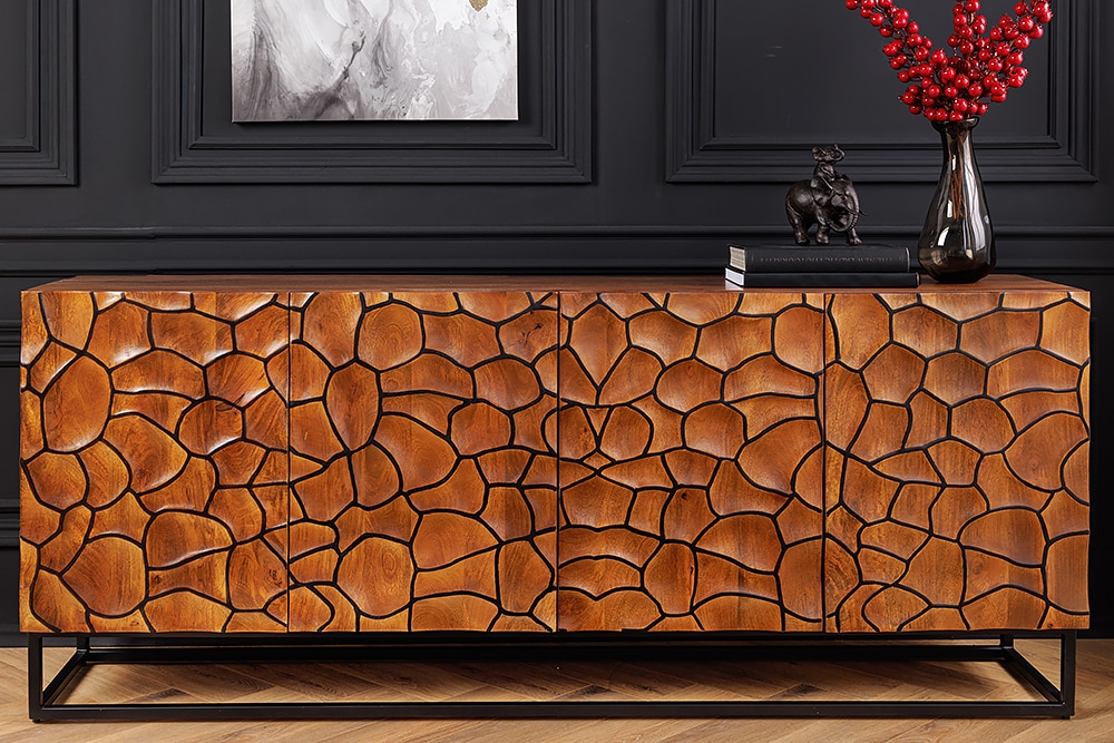 Massivholz Sideboard VULCANO 180cm braun Mangoholz mit 3D Schnitzereien handmade Metallgestell schwarz