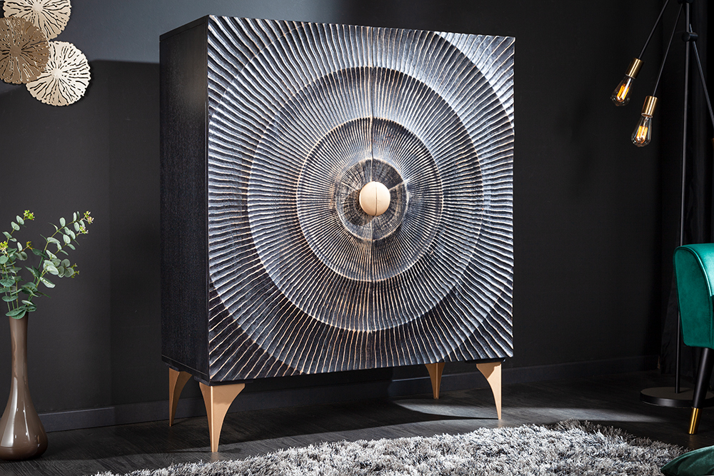 Handgearbeitetes Highboard GOLDEN SUNSET 120cm mit 3D Schnitzereien schwarz gold Mangoholz