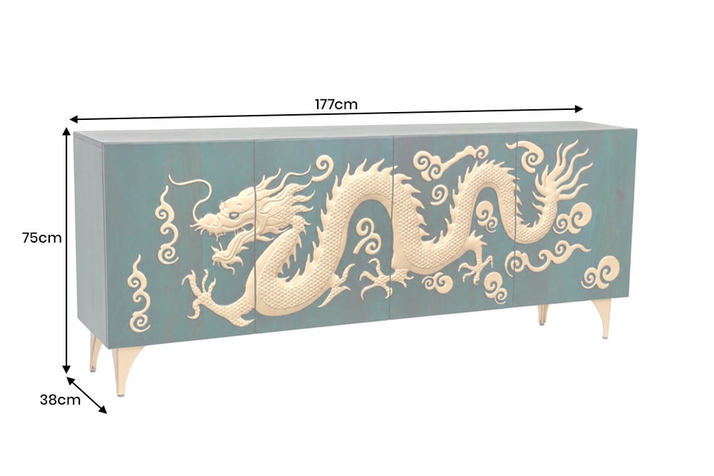 Massives Sideboard DRAGON 180cm türkis gold Mangoholz Metall 3D-Front handmade