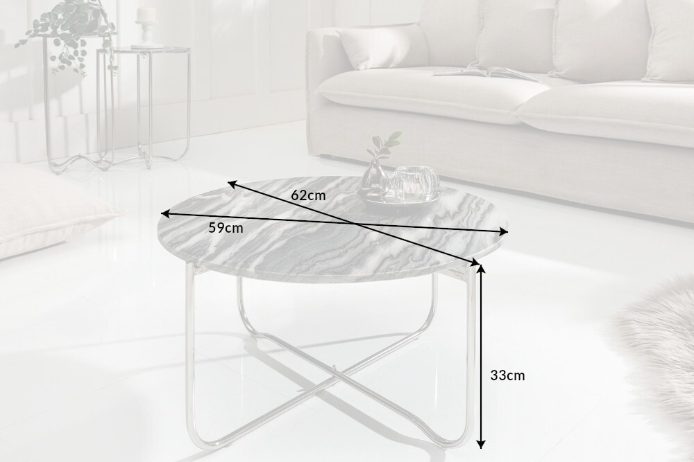 Runder Couchtisch NOBLE 65cm grau Marmor abnehmbare Tischplatte klappbar silber Metall