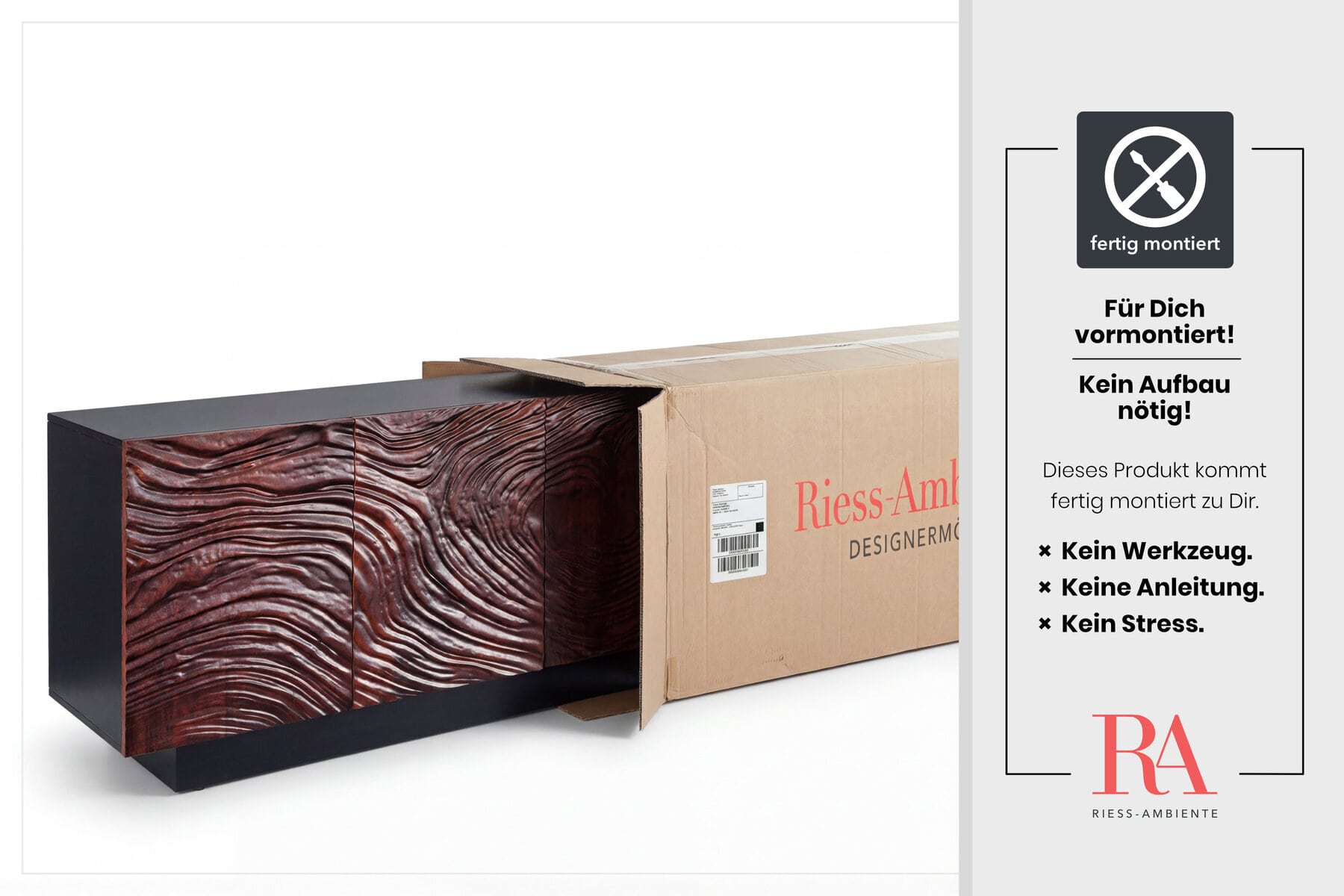Massives Sideboard FLUID 175cm walnuss-braun Akazienholz 3D-Design schwarzer Sockelfuß