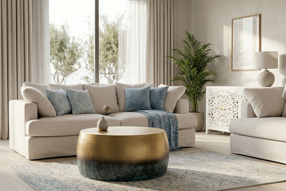 Runder Couchtisch ORIENT III 60cm gold Metall mit Patina Hammerschlag Design handmade