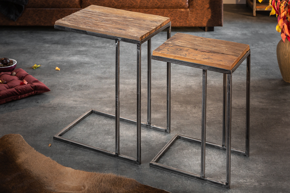 Industrial 2er Set Beistelltische BARRACUDA 45cm Salholz Massivholz geflextes Metallgestell