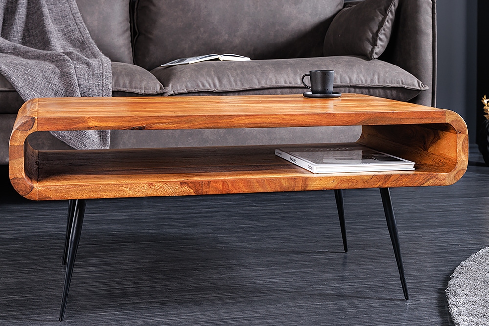 Massivholz Couchtisch ALPHA 90cm braun Sheesham stone finish Metallbeine mit Stauraum