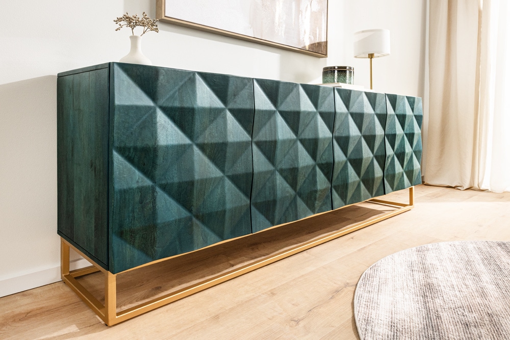 Massives Sideboard VULCANO 180cm türkis Mangoholz gold Metallgestell