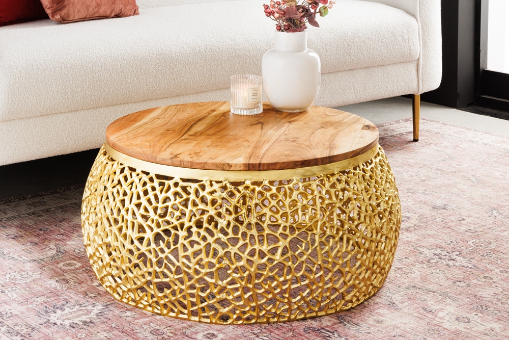 Runder Couchtisch ABSTRACT LEAF 75cm gold Metall massiv Akazienholz filigrane Handarbeit