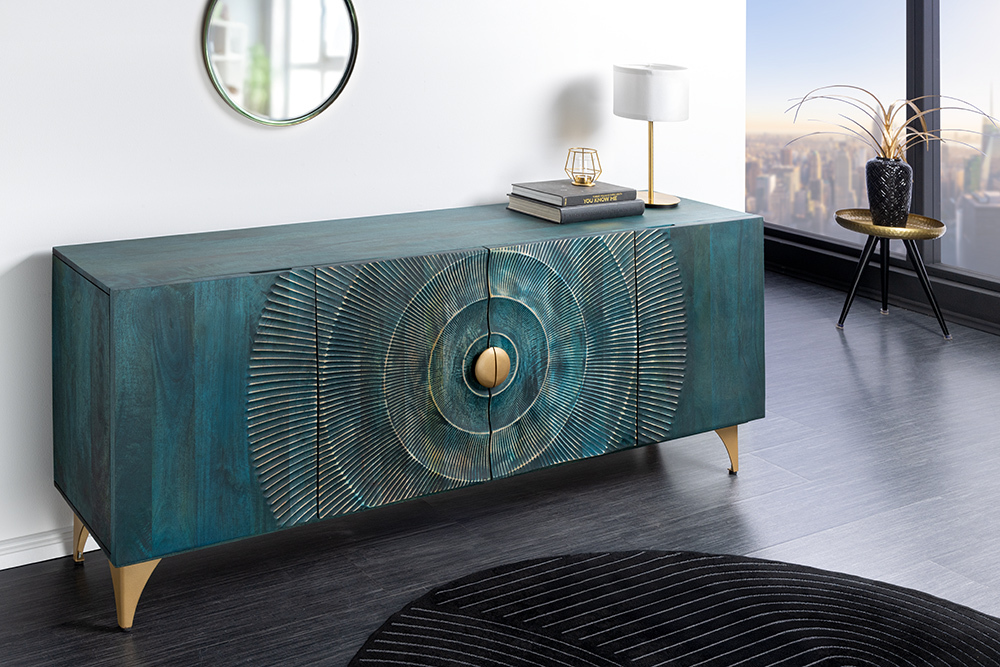 Handgearbeitetes Sideboard GOLDEN SUNSET 180cm türkis gold Mangoholz Metallbeine