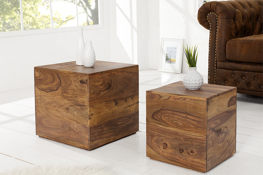 2er Set Beistelltische Würfel MAKASSAR 40cm braun Sheesham Massivholz stone finish