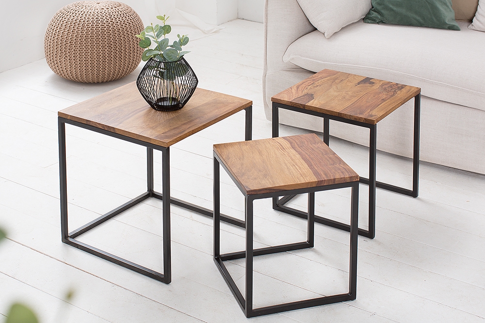 3er Set Beistelltisch ELEMENTS 40cm braun Sheesham Massivholz stone finish Metall