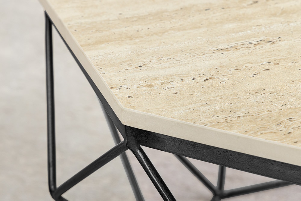 Handgefertigter Couchtisch DIAMOND 70cm beige Travertin schwarz Eisen