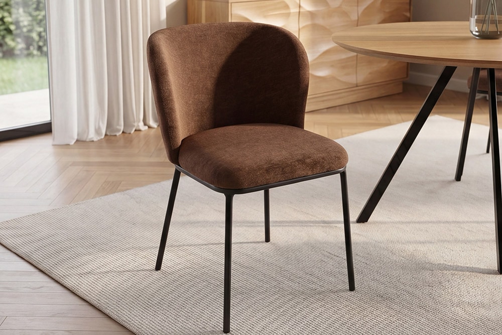 Design Stuhl LYON braun Chenille schwarze Metallbeine