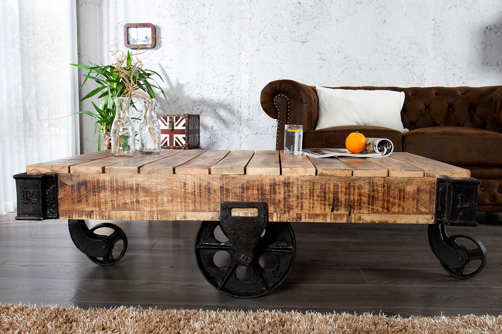 Massiver Design Couchtisch RAILWAY 110cm Mangoholz mit 4 Rädern