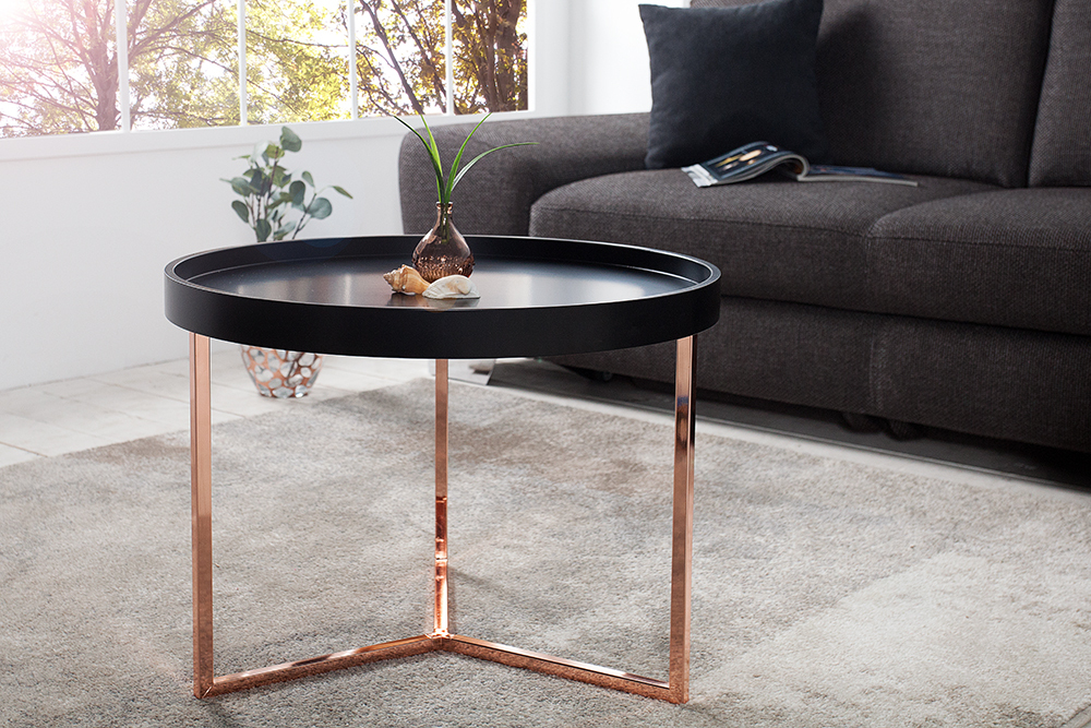 Extravaganter Couchtisch MODULAR 60cm matt schwarz kupfer rund inkl. Tablett