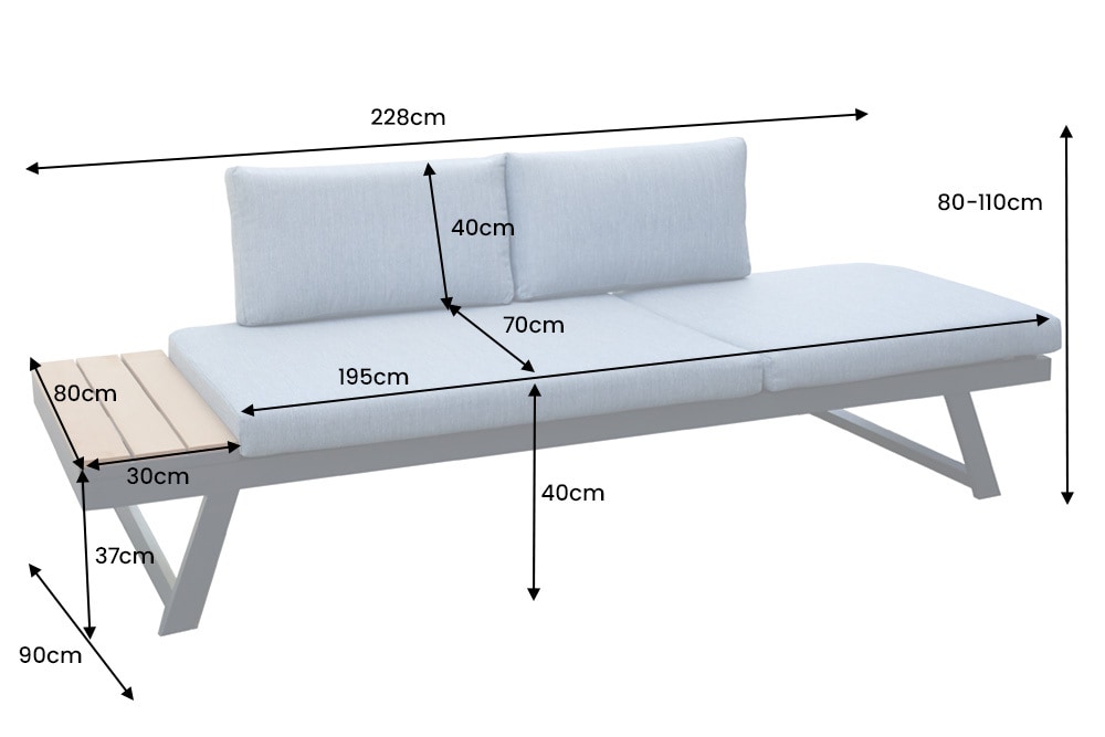 Verstellbare Gartenlounge MODULAR MIAMI 230cm grau natur anthrazit Gartensofa oder Gartenliege