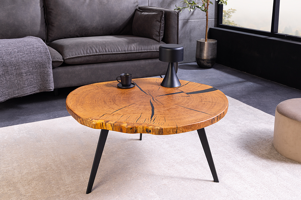 Runder Couchtisch ARBOR 75cm natur Eiche Massivholz schwarz Metall Beistelltisch