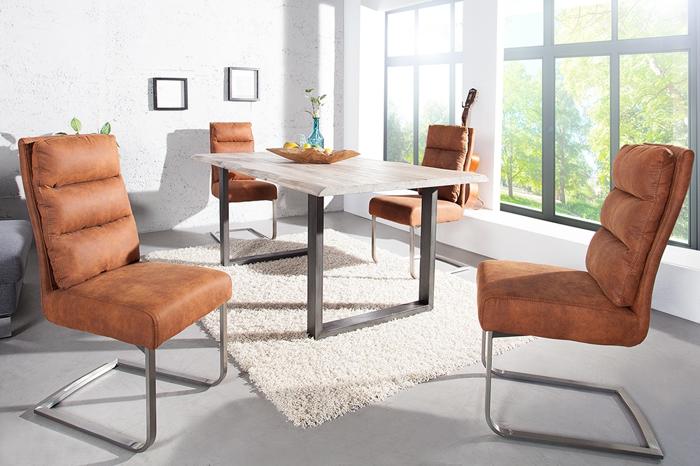 Design Freischwinger Stuhl COMFORT hellbraun mit Edelstahl-Gestell