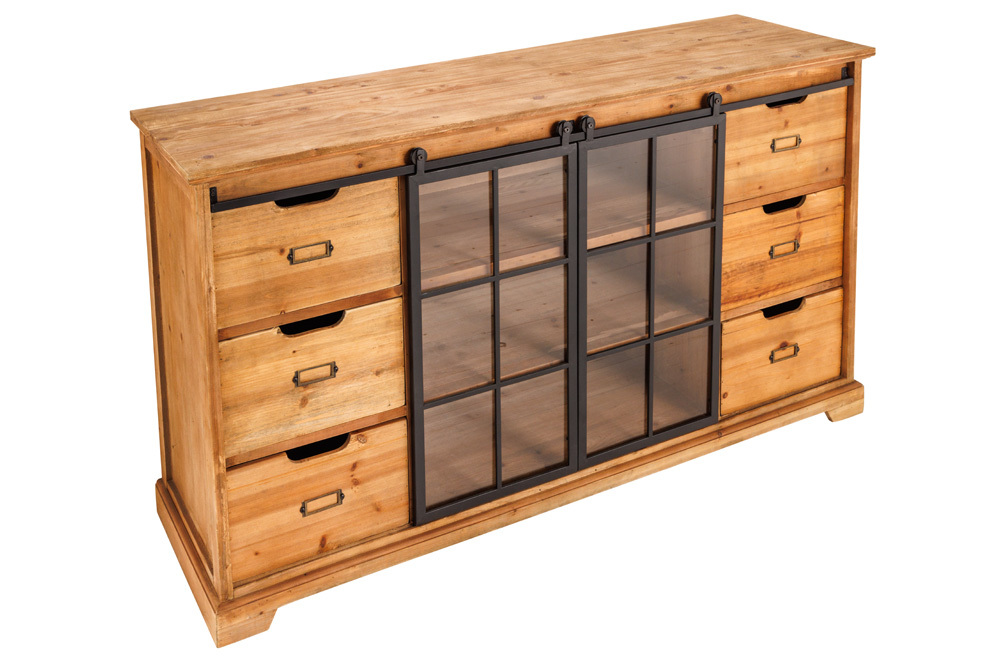 Massives Sideboard HERITAGE 150cm natur Pinienholz Industrial-Türen Metall Vitrine