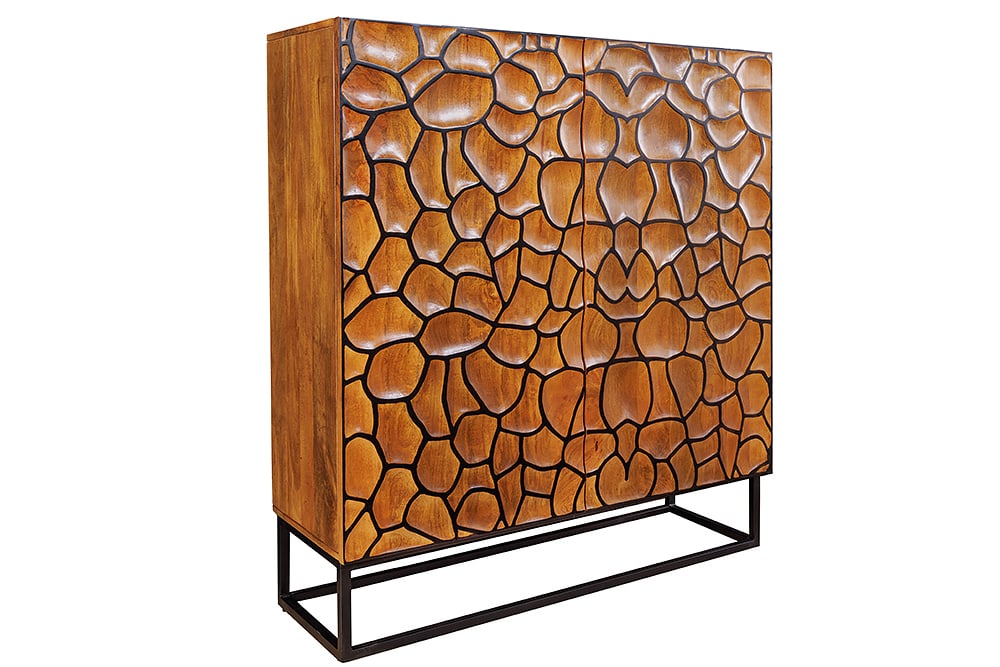 Massivholz Highboard VULCANO 120cm braun Mangoholz mit 3D Schnitzereien handmade Metallgestell schwarz