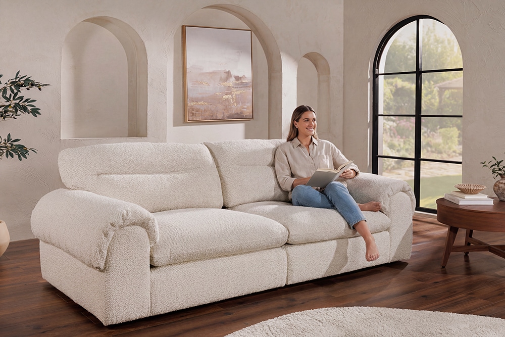 4-Sitzer Sofa SIXTH SENSE 245cm beige Bouclé-Strickstoff mit Nosagfederung und Daunenfedern