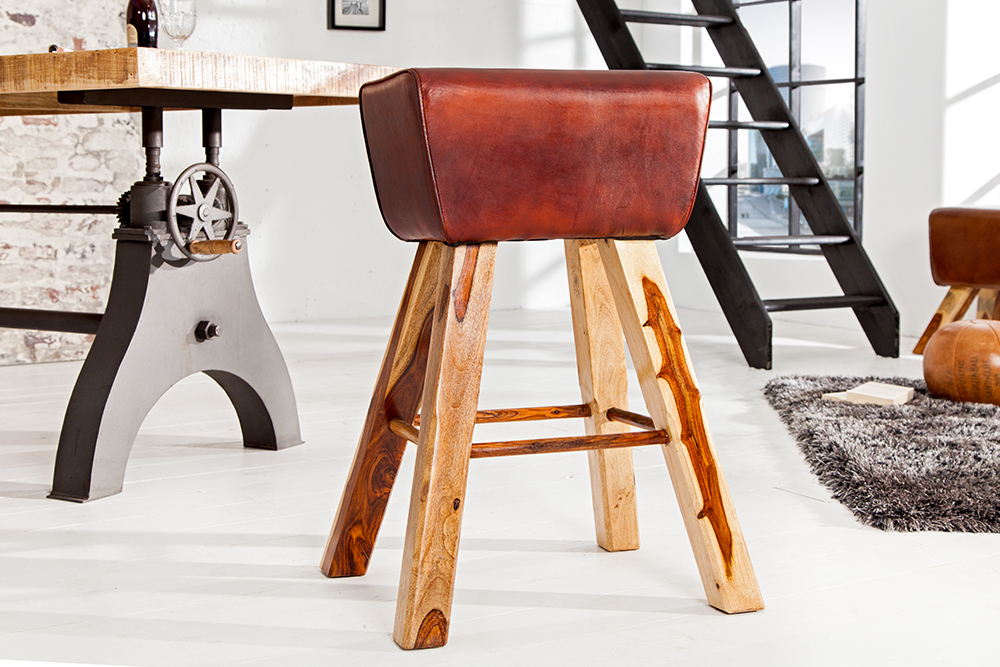 Retro Barhocker TURNBOCK 75cm mit Echtleder Bezug Mangoholz Barstuhl