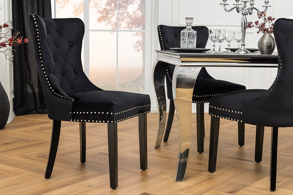 Chesterfield Stuhl CASTLE schwarz Samt Massivholz Ziernieten mit Komfortgriff
