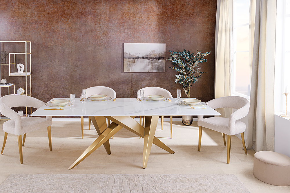 Design Esstisch ART LIVING 200cm weiß Marmor Keramik Metall brushed champagner gold » Jetzt kaufen