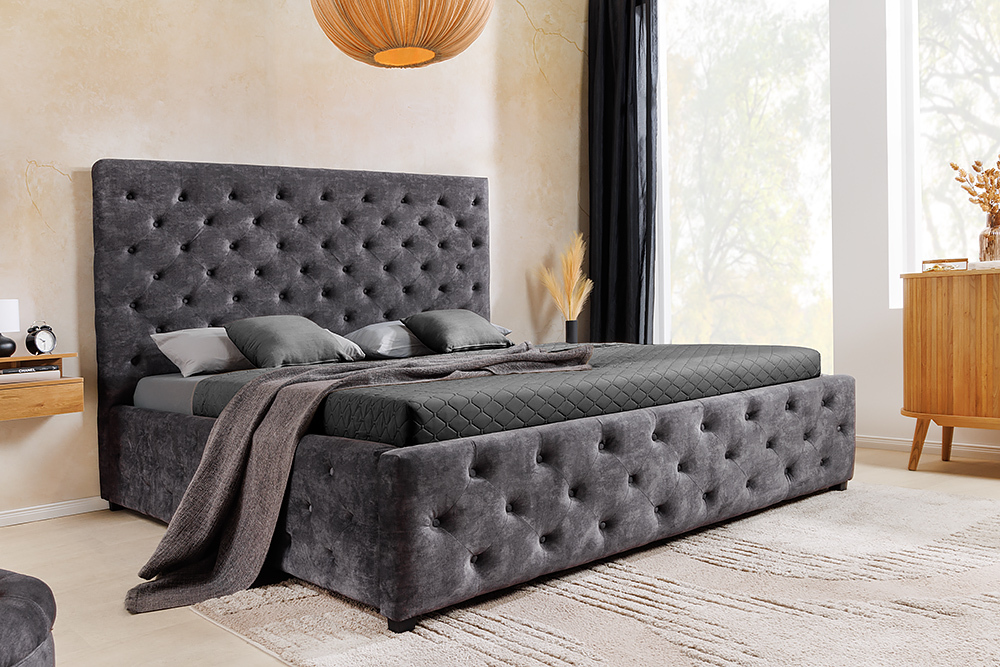 Boxbett PARIS 160x200cm grau Samt mit Stauraum und Lattenrost