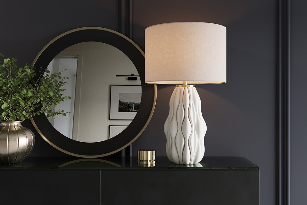 Moderne Tischlampe ELEGANCIA 65cm weiß gold Keramik weißer Leinenschirm