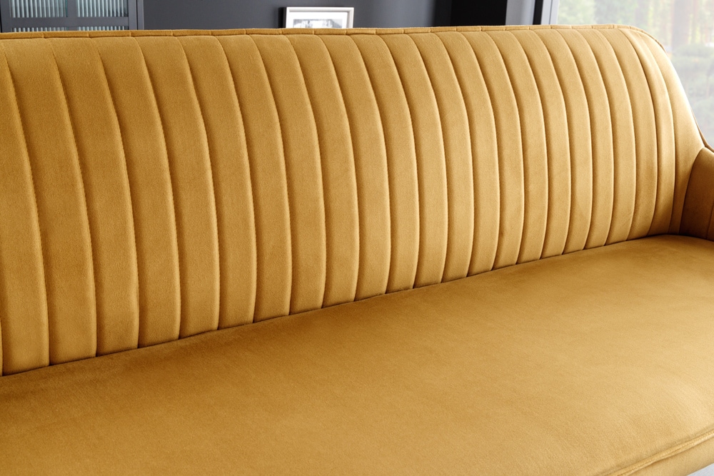 Design Sitzbank TURIN 160cm senfgelb Samt schwarz Metallbeine Armlehne
