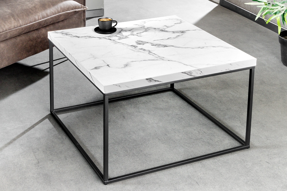 Moderner Couchtisch ARCHITECTURE 60cm weiß Marmor-Design Metallgestell