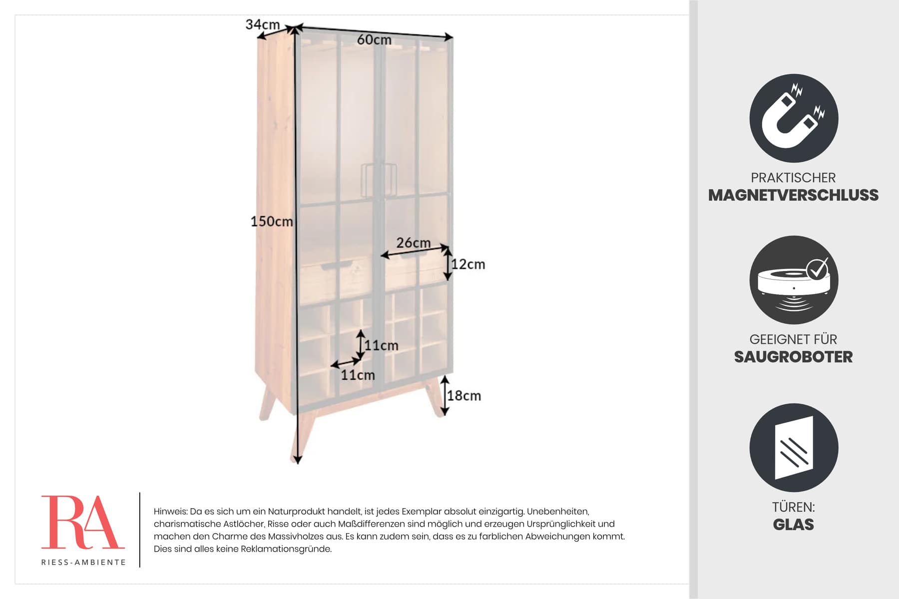 Massive Vitrine SEVEN SEAS 150cm natur Pinie Industrial-Türen Metall Barschrank