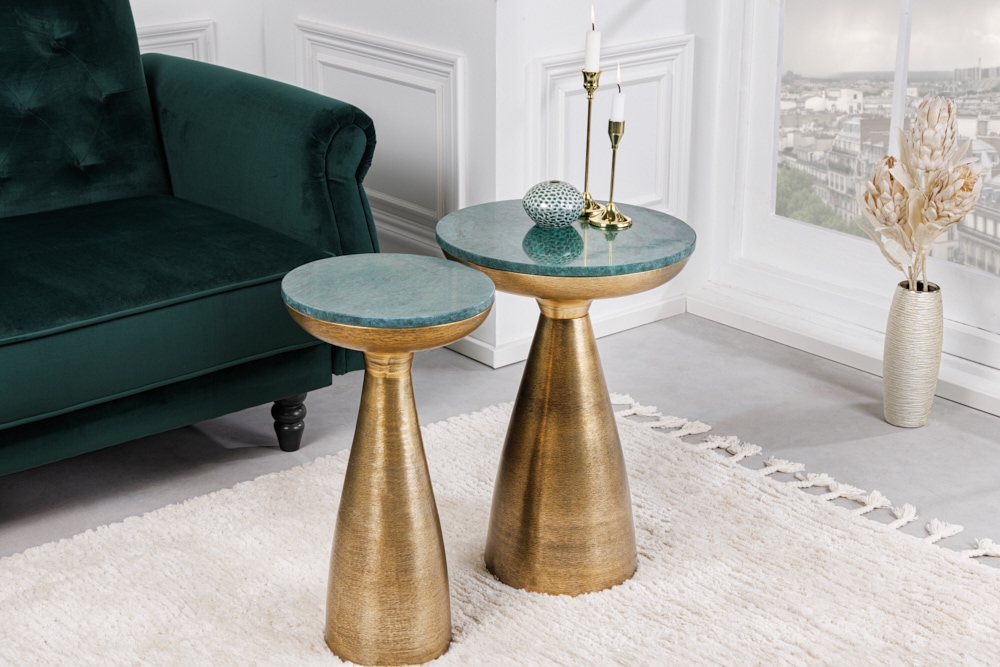 Handgearbeiteter Beistelltisch ELEMENTS 55cm gold grün Marmor rund