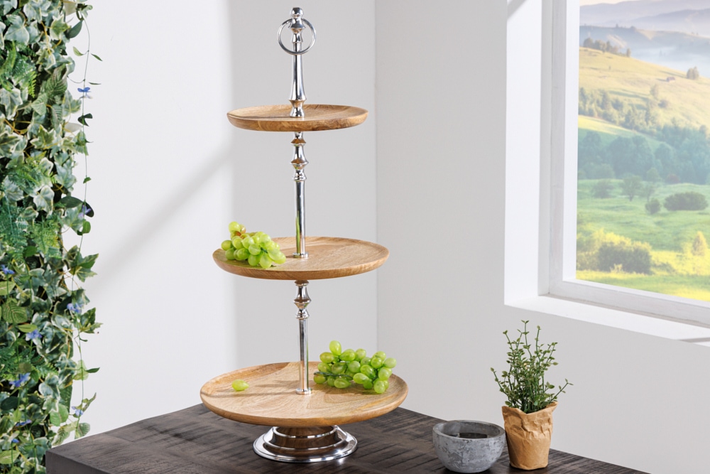 Dekorative Etagere PURE NATURE 68cm silber Mangoholz handmade drei Etagen