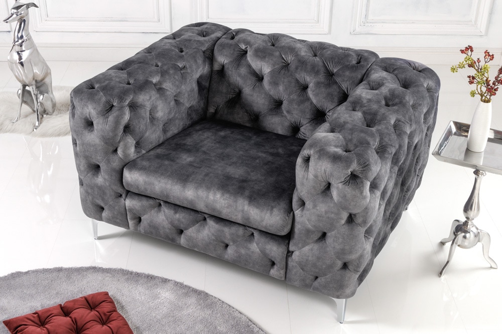 Design Chesterfield Sessel MODERN BAROCK 120cm Samt dunkelgrau » Jetzt kaufen