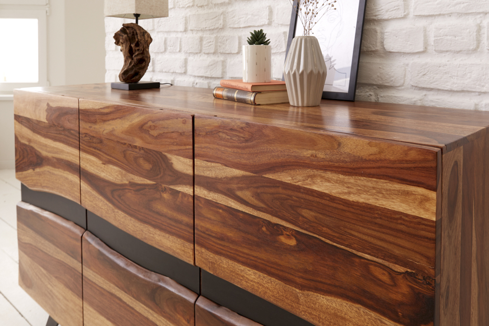 Massivholz Sideboard AMAZONAS 150cm braun Sheesham Baumkante schwarzes Metallgestell