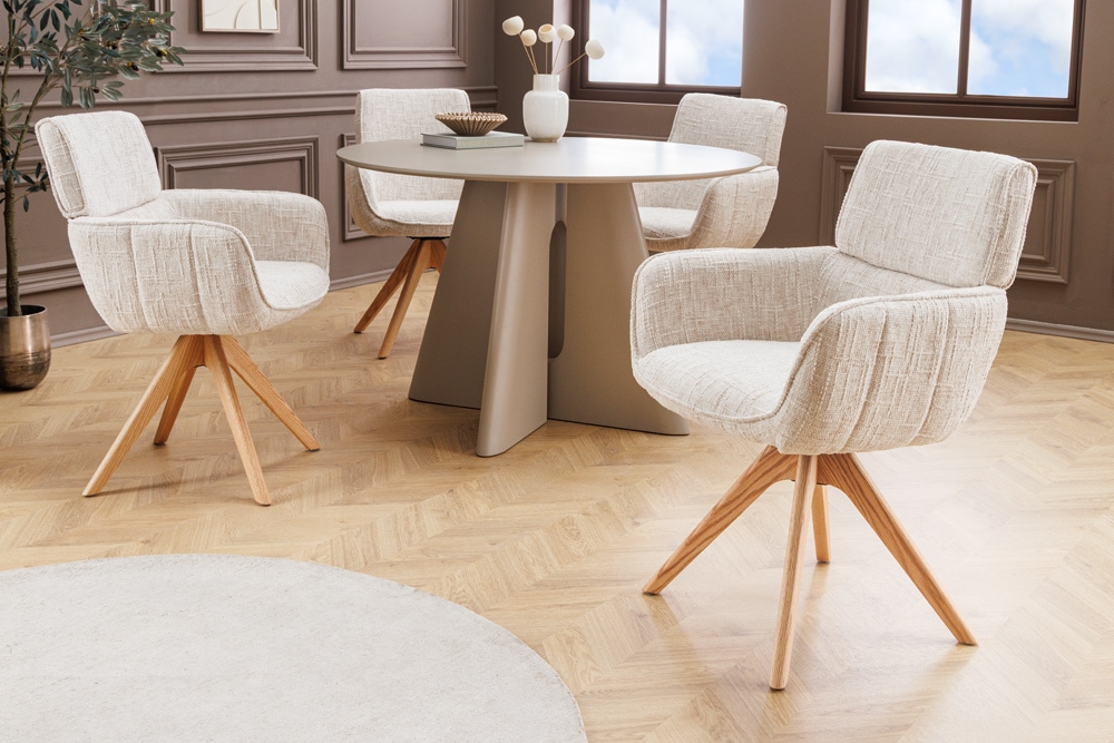 Drehbarer Stuhl UNIQUE beige Chenille Eichenholzbeine mit Armlehne » Jetzt kaufen