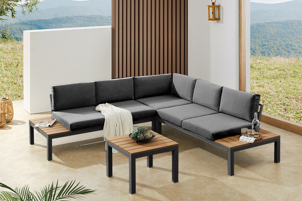 Große Garten Sitzgruppe MIAMI LOUNGE 240cm anthrazit Aluminium wetterfest Outdoor inkl. Kissen